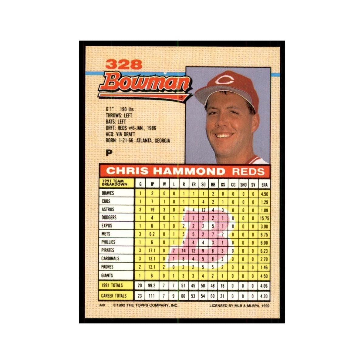 1992 Bowman Chris Hammond Baseball Cards #328