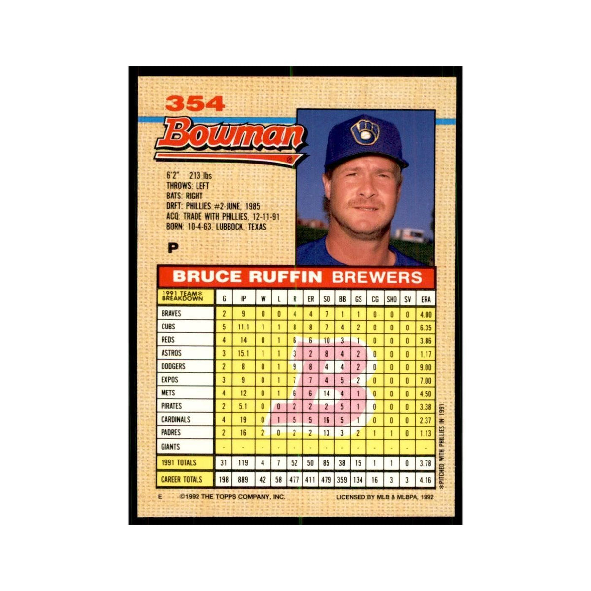 1992 Bowman Bruce Ruffin Baseball Cards #354