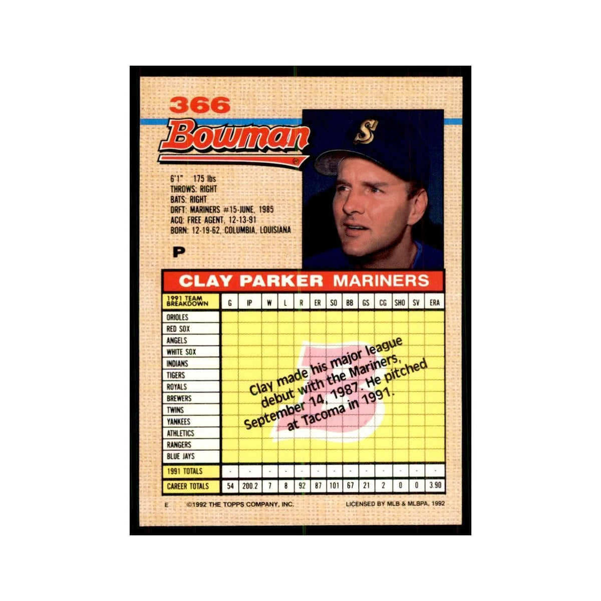 1992 Bowman Clay Parker Baseball Cards #366