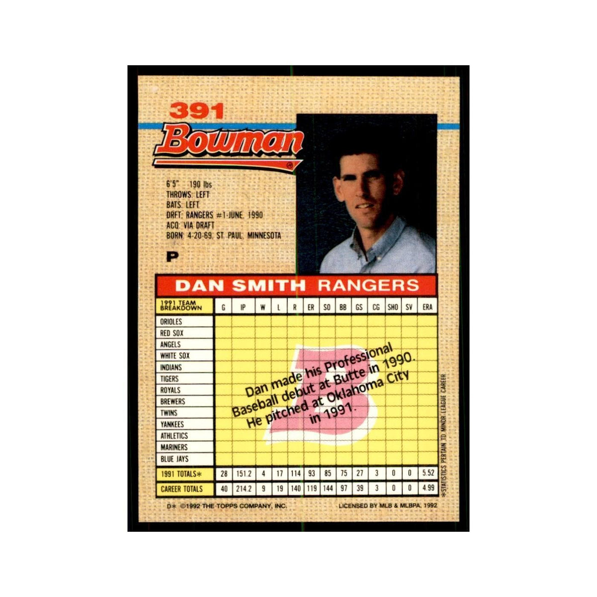 1992 Bowman Dan Smith Baseball Cards #391