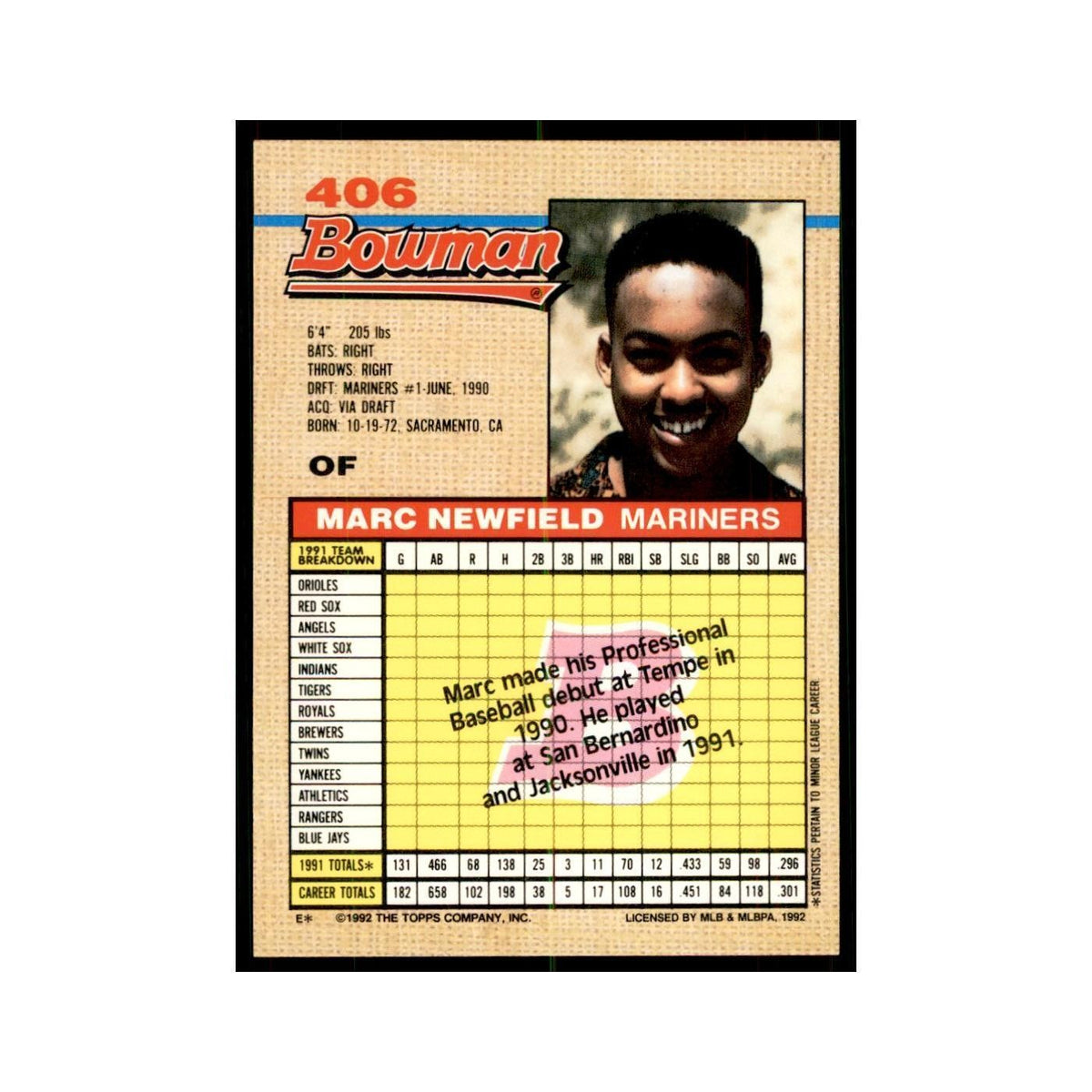 1992 Bowman Marc Newfield Baseball Cards #406