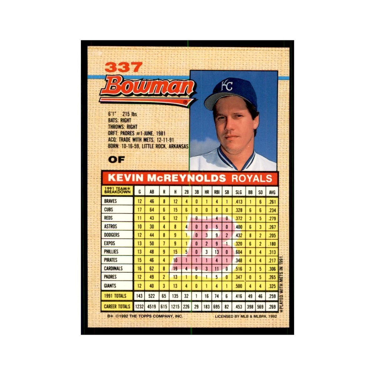 1992 Bowman Kevin McReynolds Baseball Cards #337