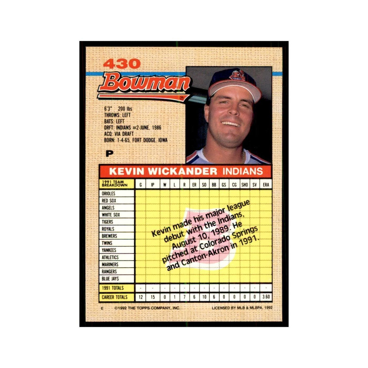 1992 Bowman Kevin Wickander Baseball Cards #430