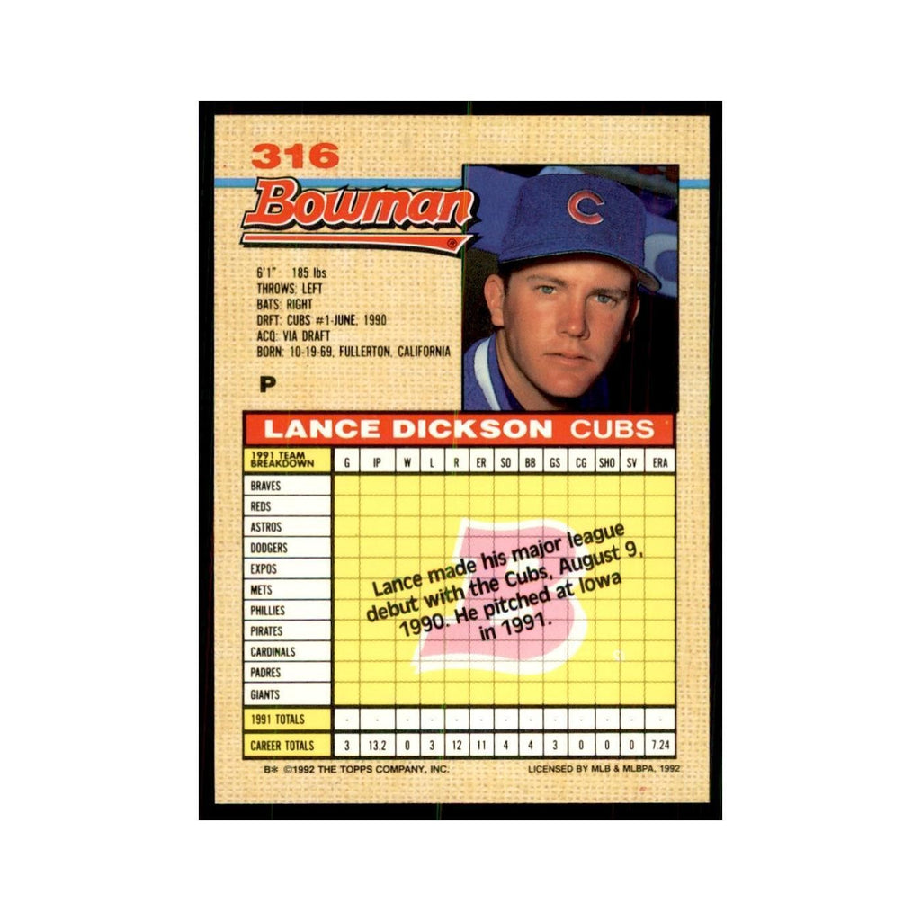 1992 Bowman Lance Dickson Baseball Cards #316