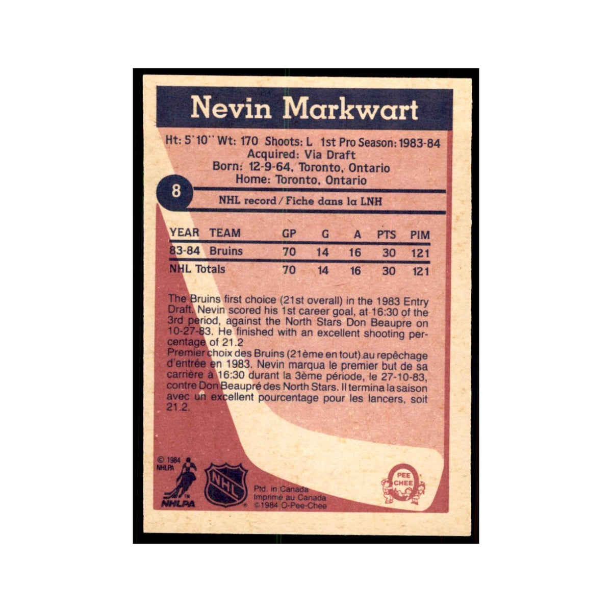 1984 O-Pee-Chee Nevin Markwart RC Boston Bruins #8
