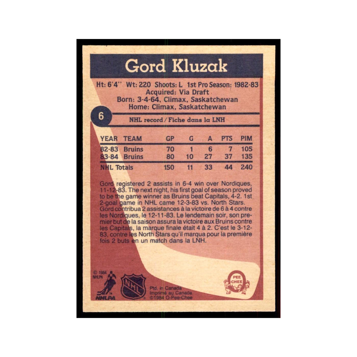1984 O-Pee-Chee Gord Kluzak Boston Bruins #6