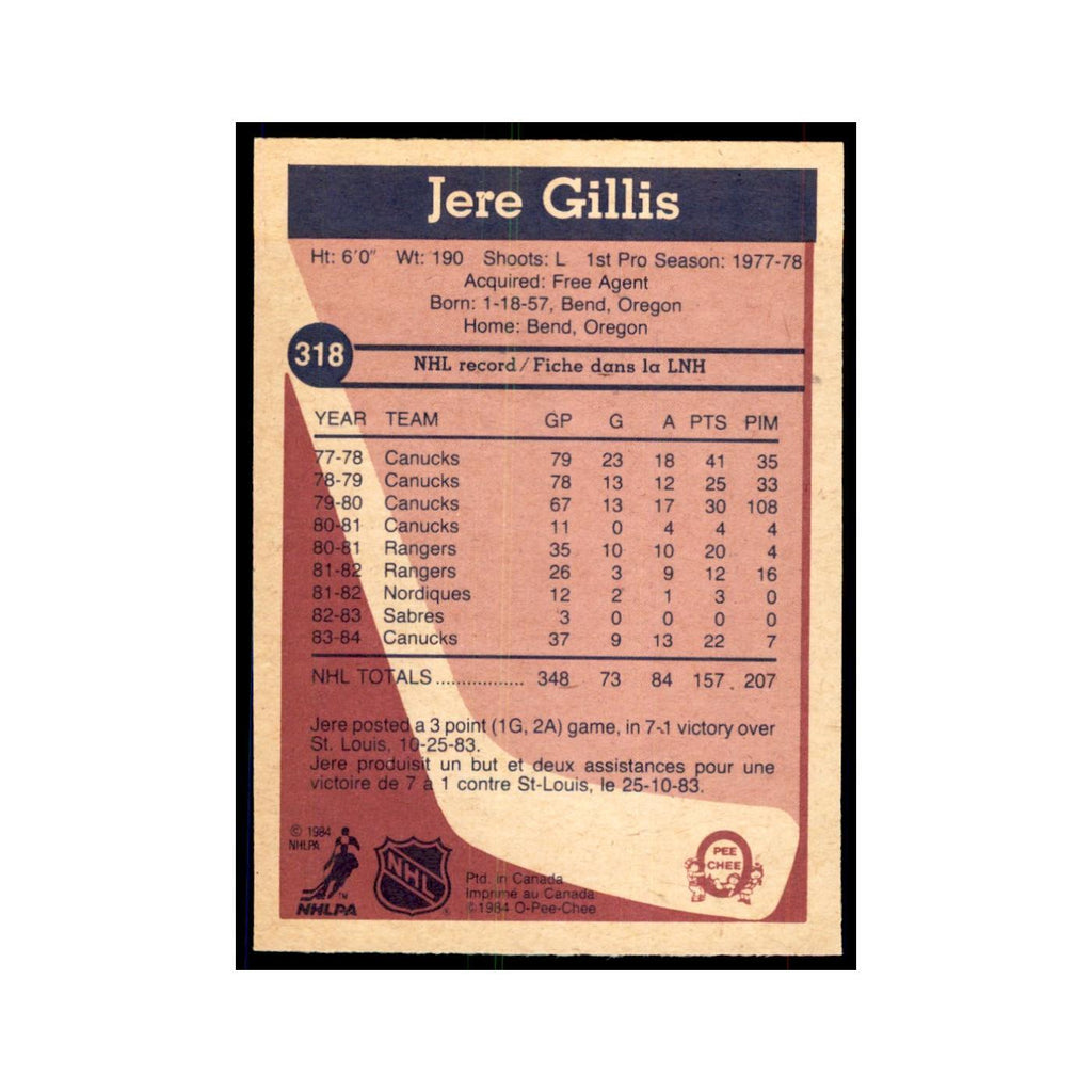 1984 O-Pee-Chee Jere Gillis Vancouver Canucks #318