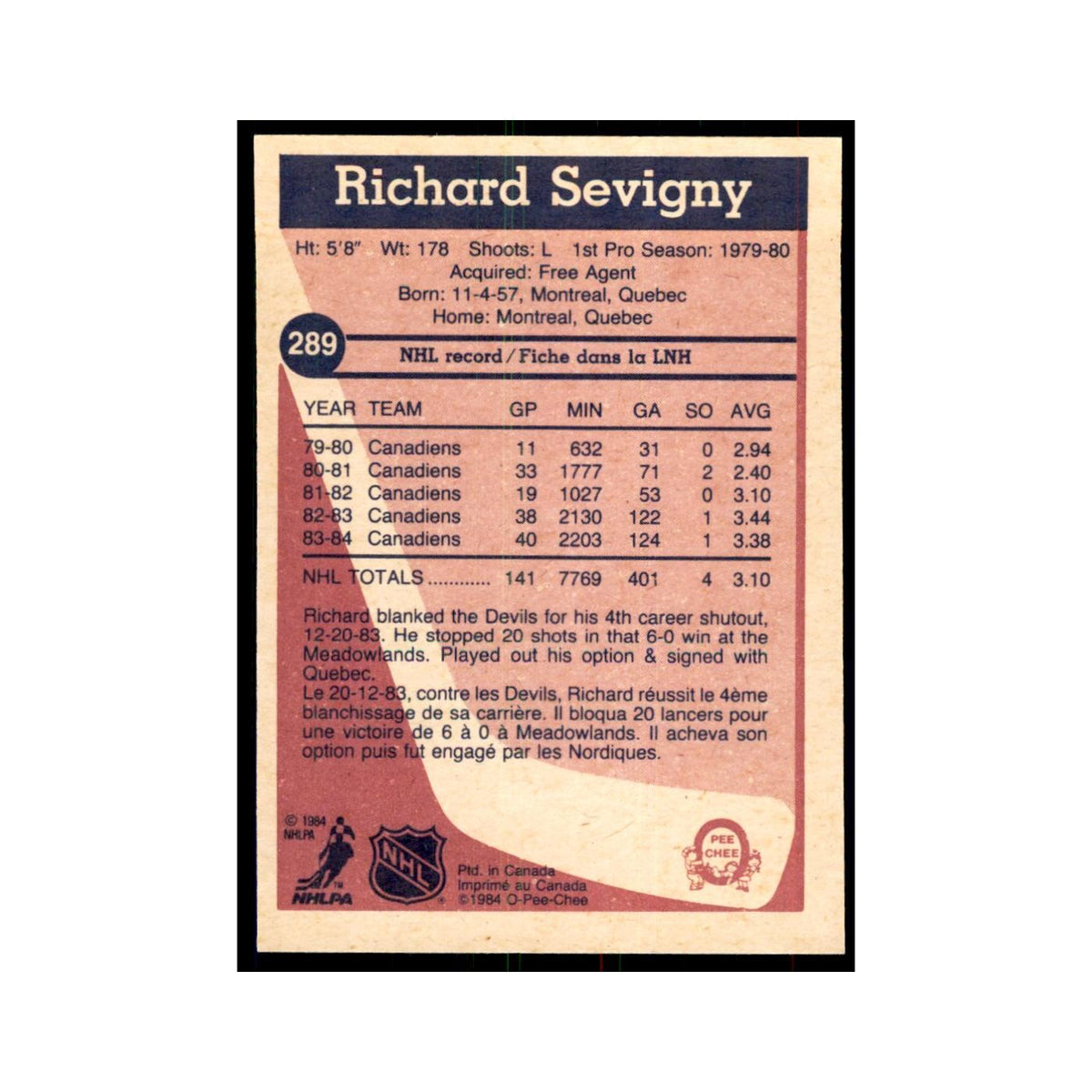 1984 O-Pee-Chee Richard Sevigny Quebec Nordiques #289