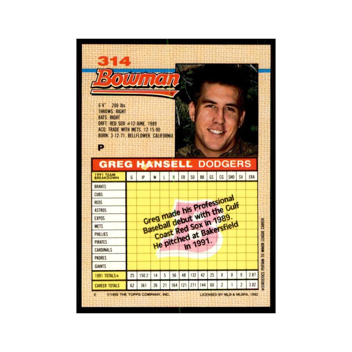 1992 Bowman Greg Hansell Baseball Cards #314