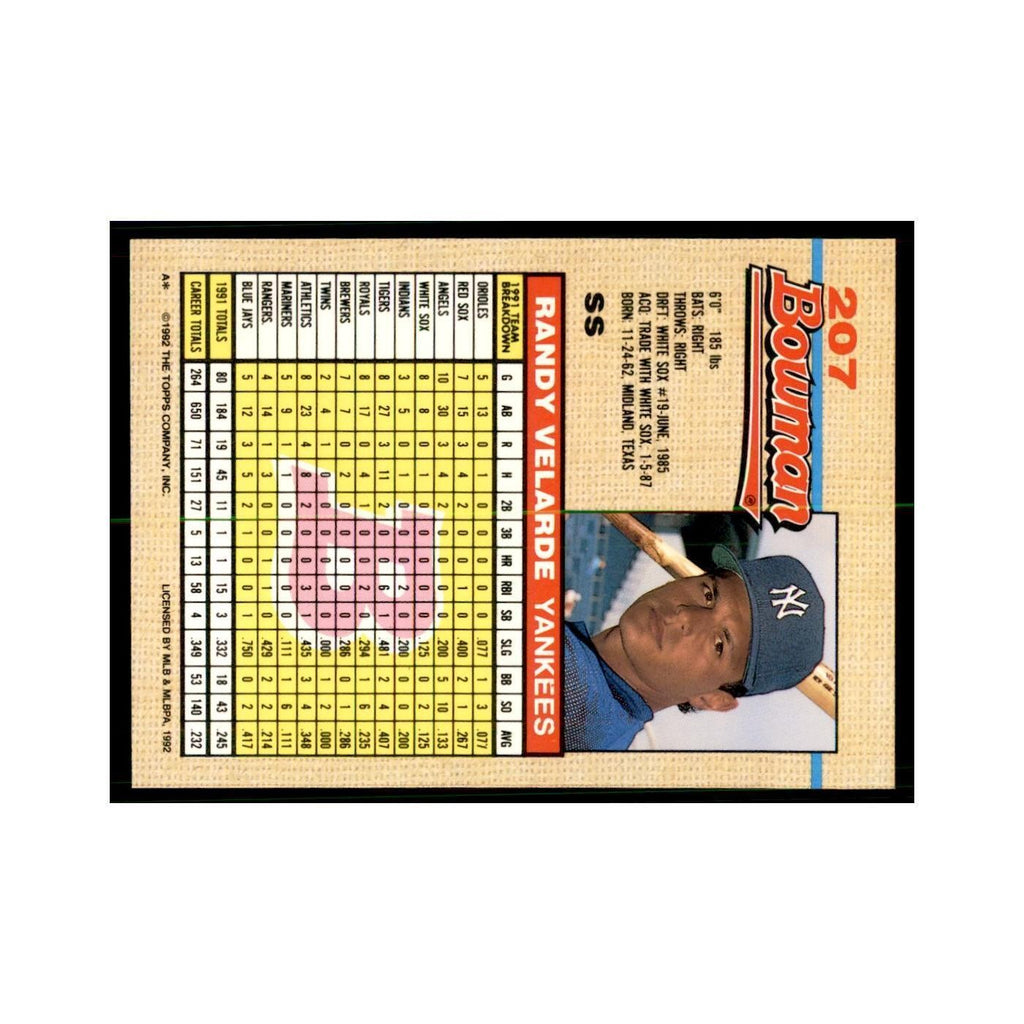 1992 Bowman Randy Velarde Baseball Cards #207