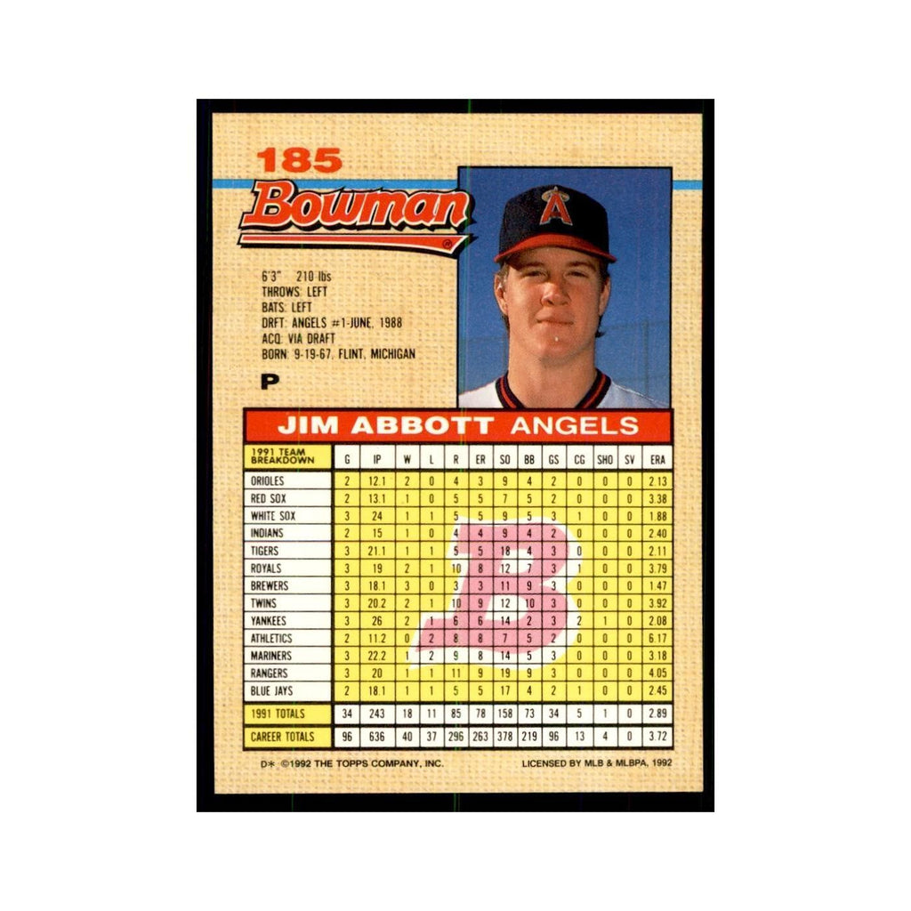 1992 Bowman Jim Abbott Baseball Cards #185