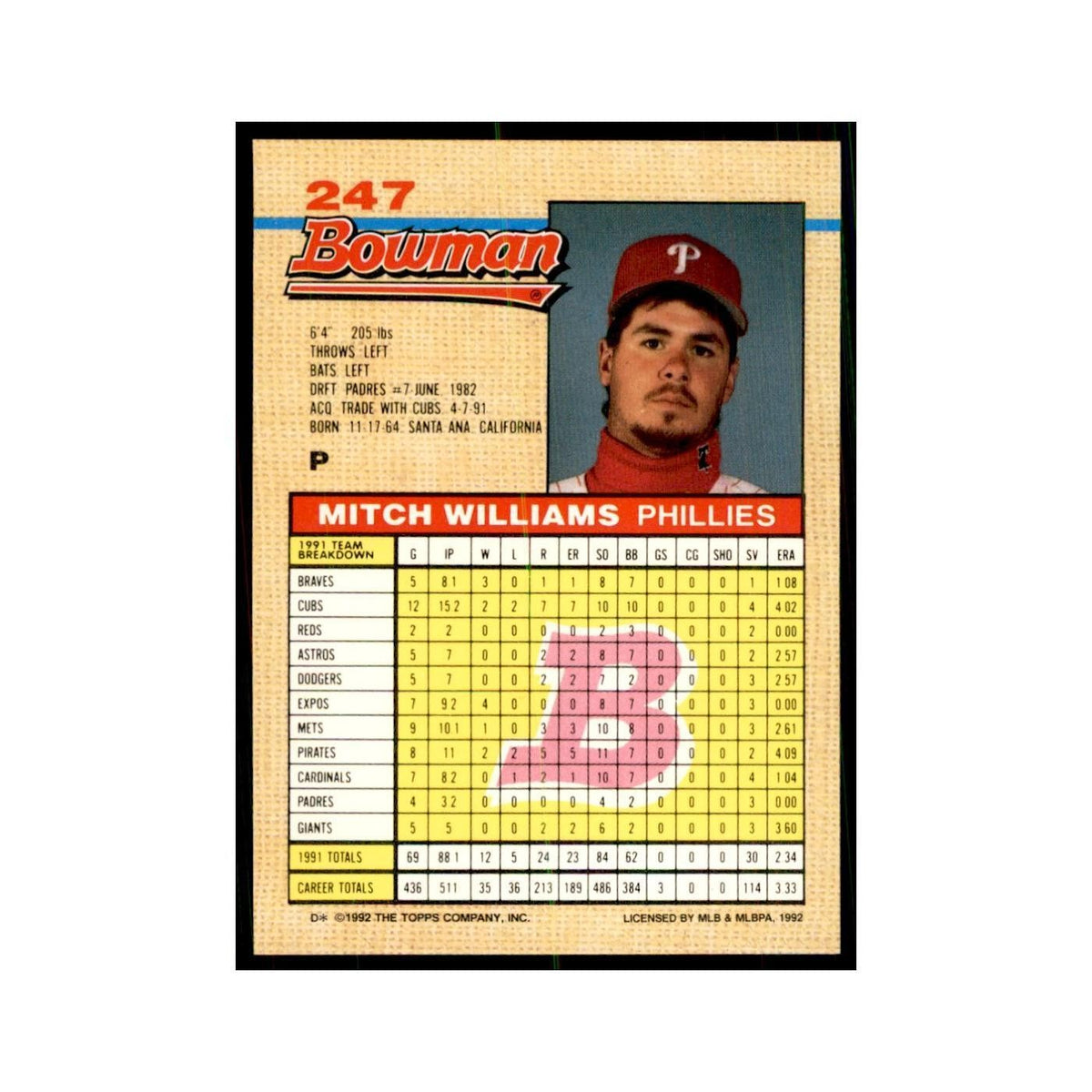 1992 Bowman Mitch Williams Baseball Cards #247