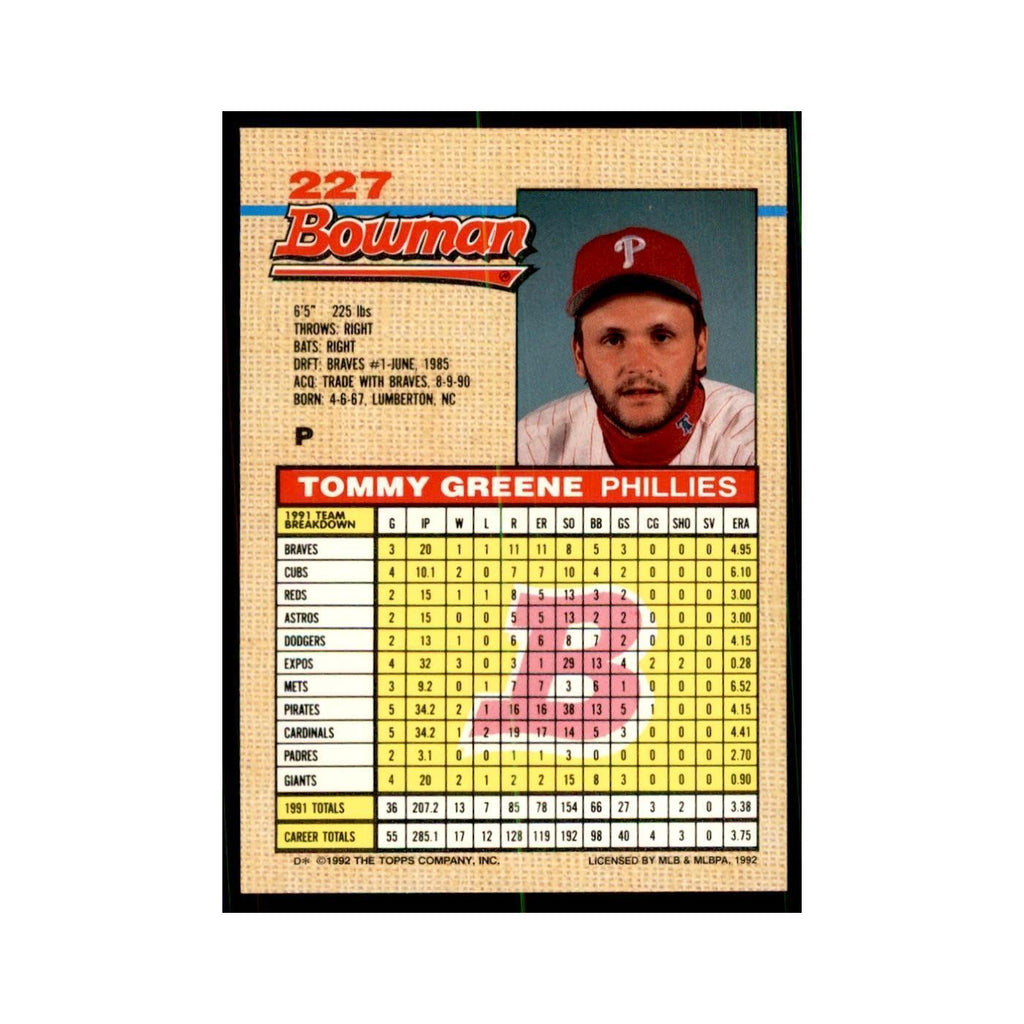 1992 Bowman Tommy Greene Baseball Cards #227