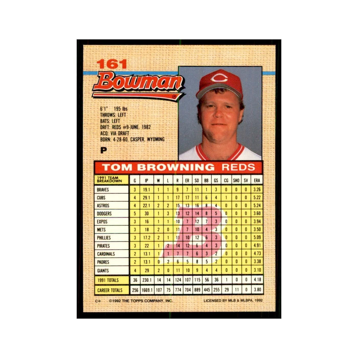 1992 Bowman Tom Browning Baseball Cards #161