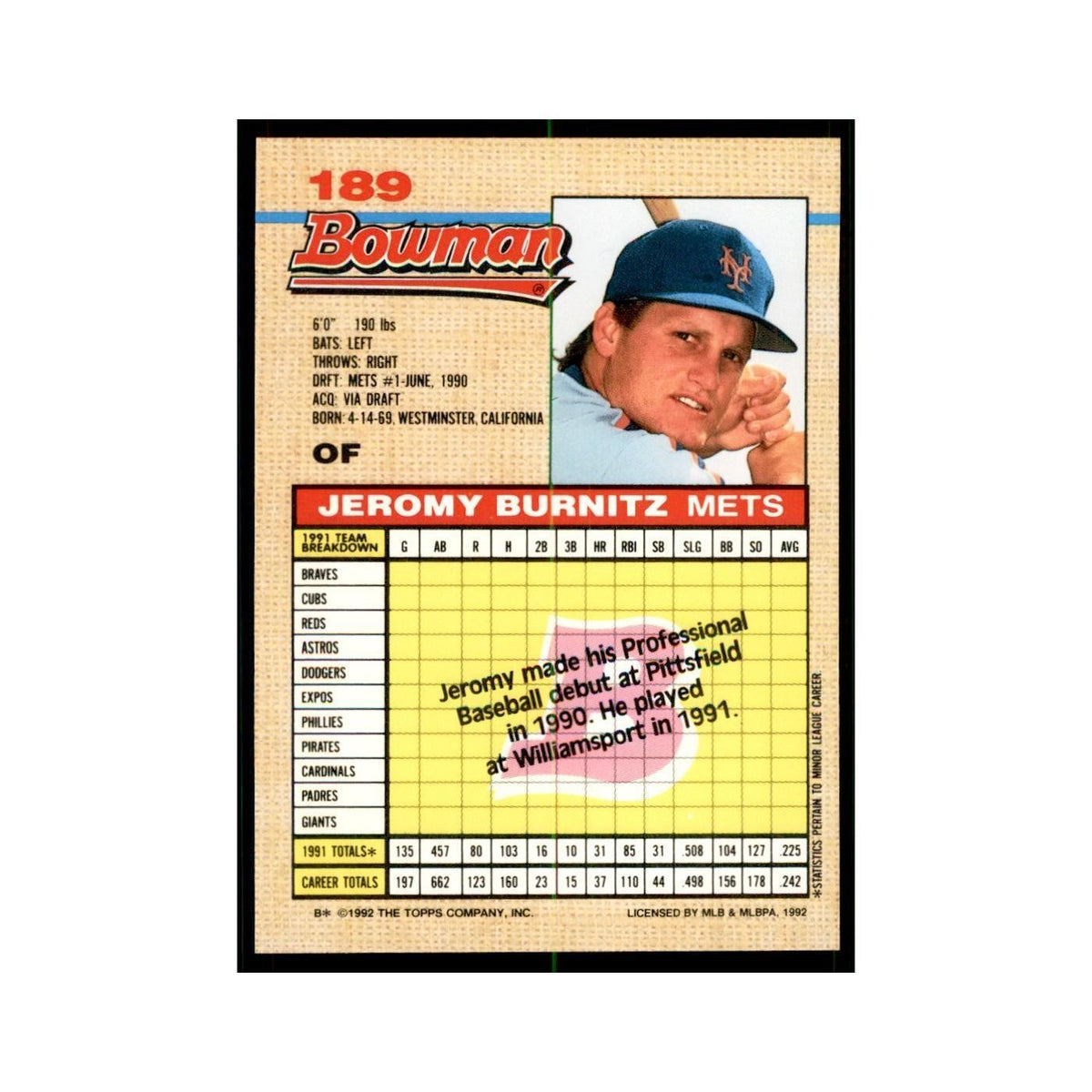 1992 Bowman Jeromy Burnitz Baseball Cards #189