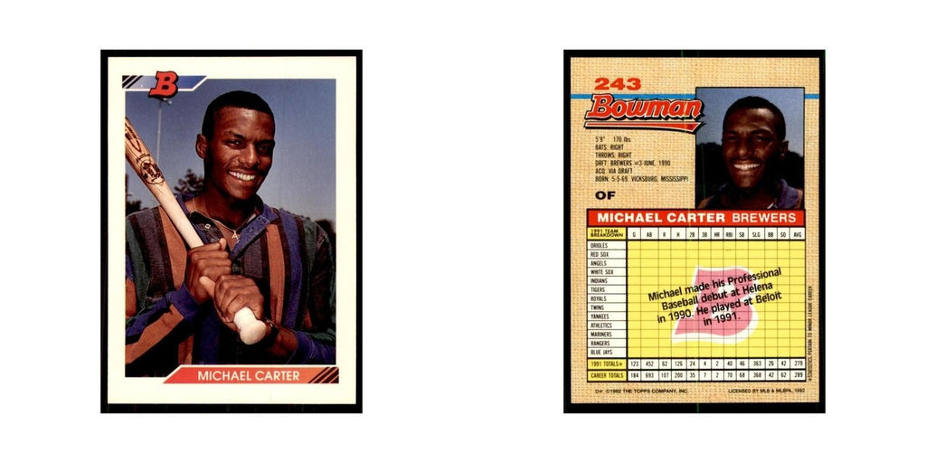 1992 Bowman Michael Carter Baseball Cards #243