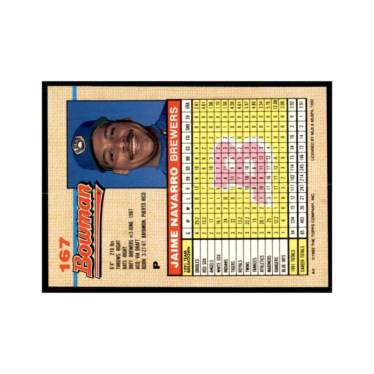 1992 Bowman Jaime Navarro Baseball Cards #167