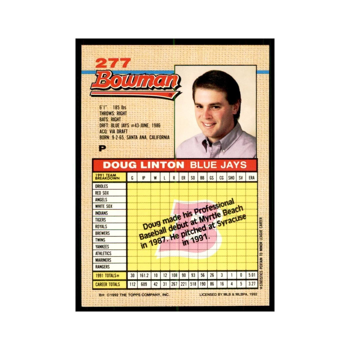 1992 Bowman Doug Linton Baseball Cards #277