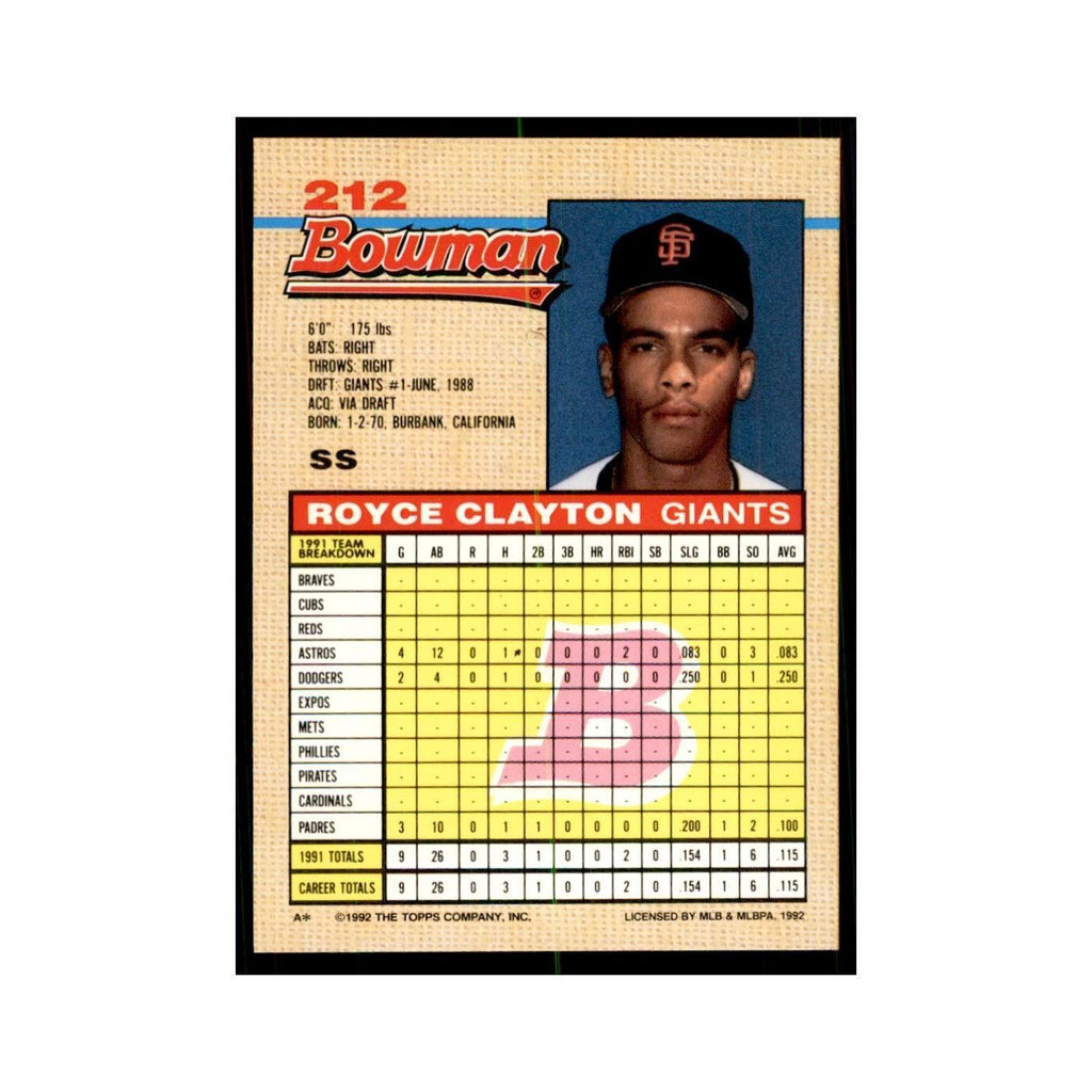 1992 Bowman Royce Clayton Baseball Cards #212