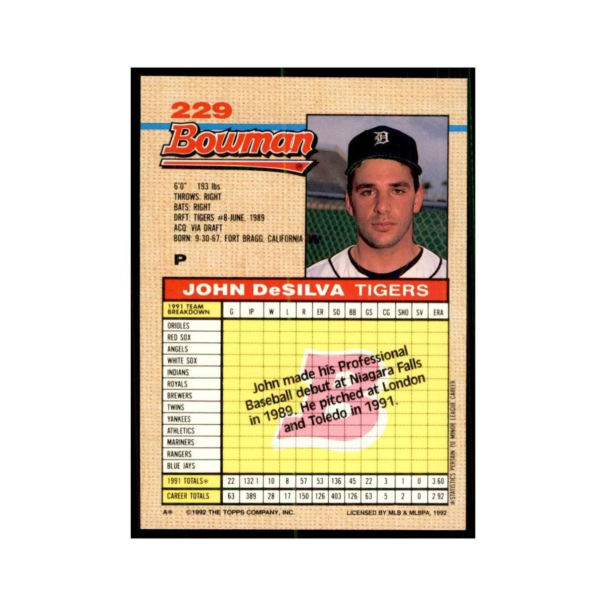 1992 Bowman John DeSilva Baseball Cards #229