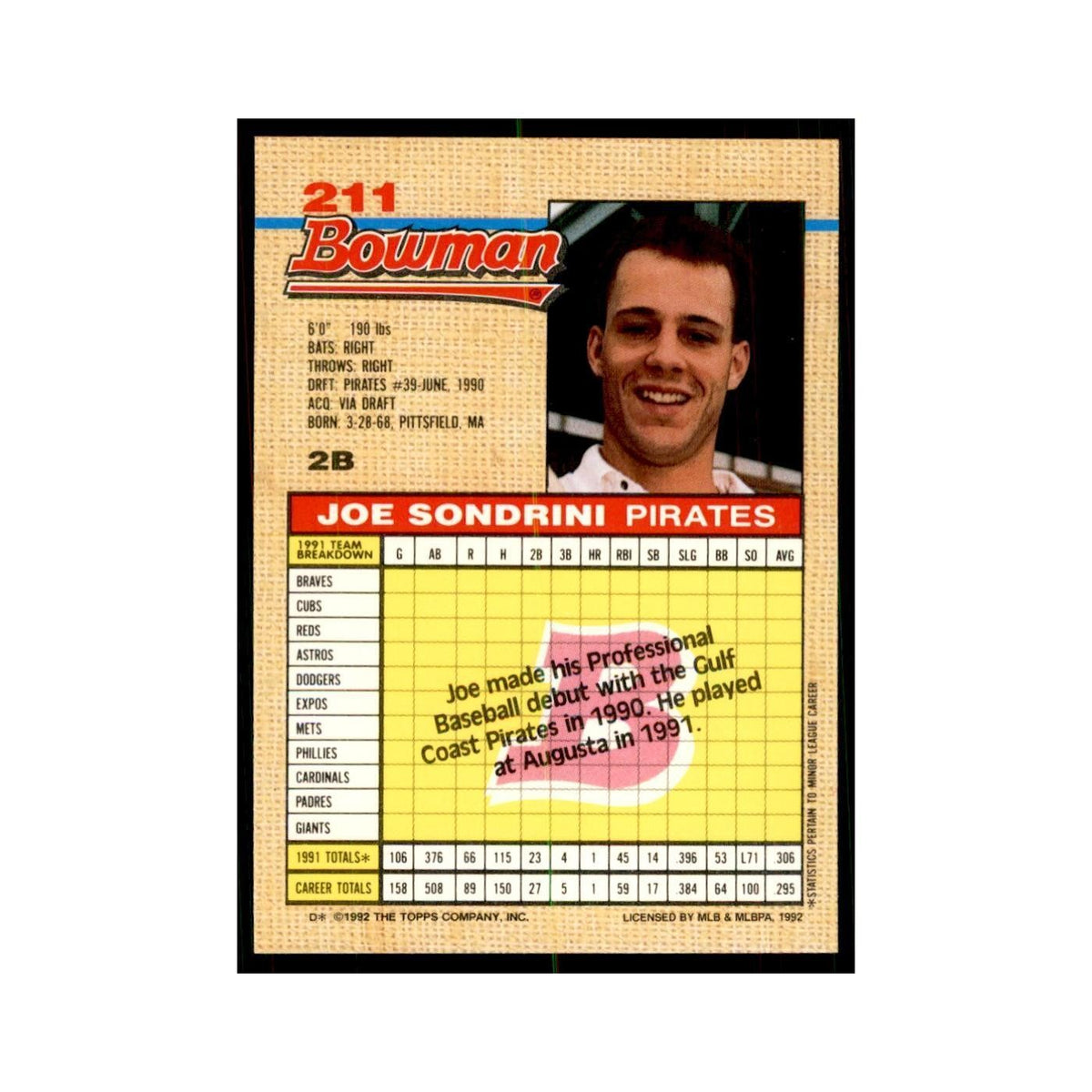 1992 Bowman Joe Sondrini Baseball Cards #211
