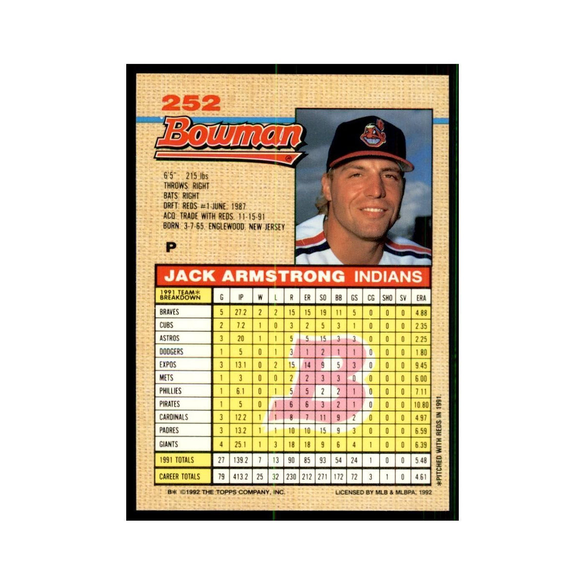 1992 Bowman Jack Armstrong Baseball Cards #252