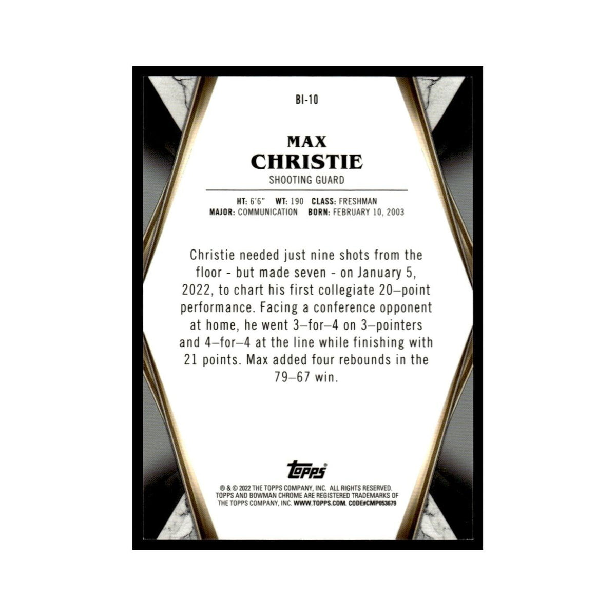 Max Christie 2022 Bowman Invicta #BI-10 Basketball Card NM