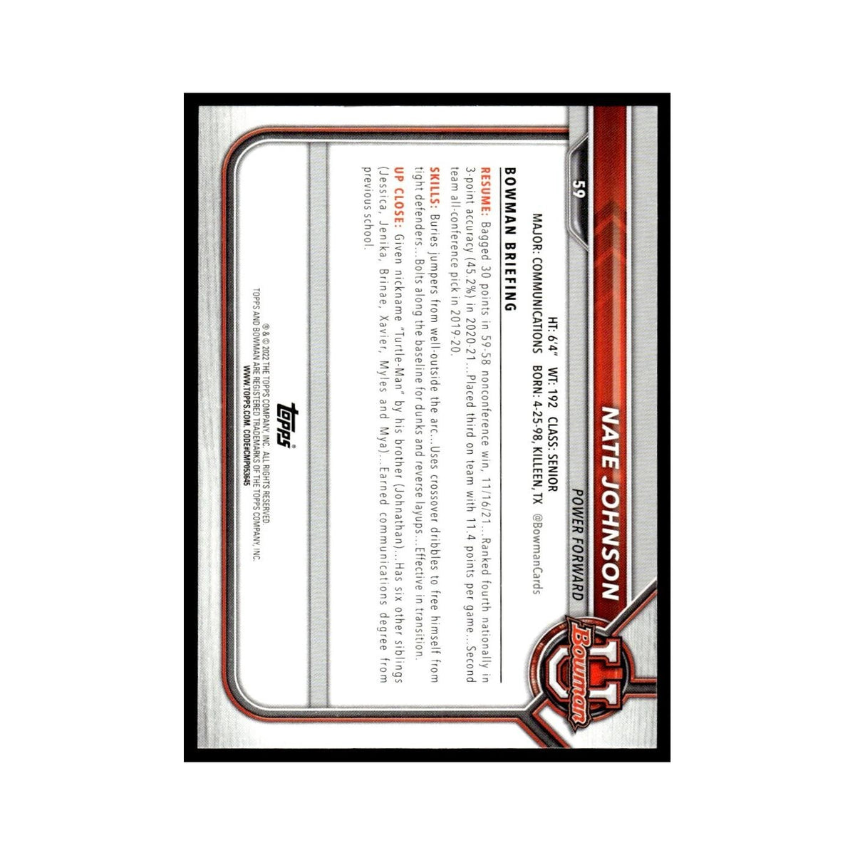 Nate Johnson 2022 Bowman University #59 Basketball Card NM