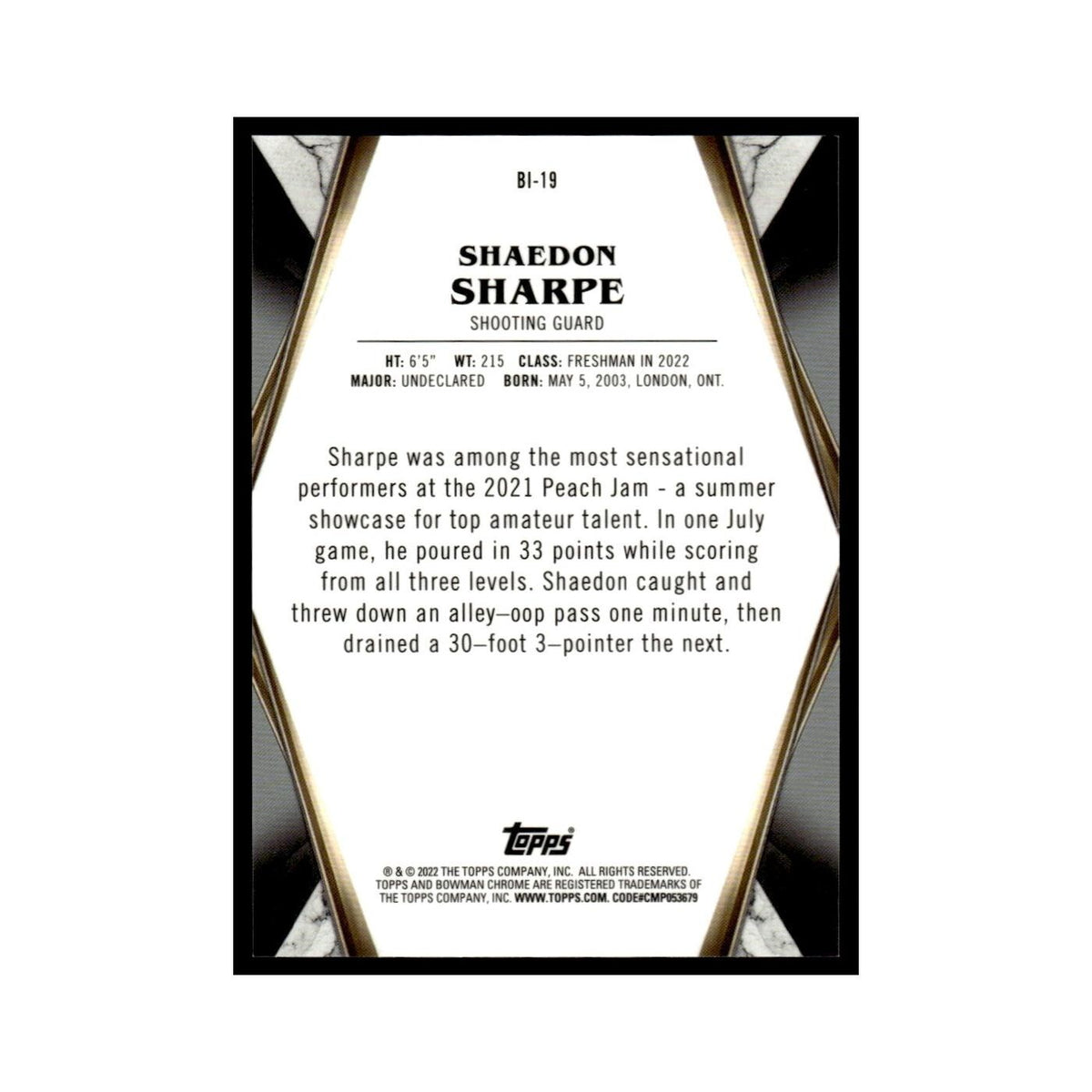 Shaedon Sharpe 2022 Bowman Invicta #BI-19 Basketball Card NM