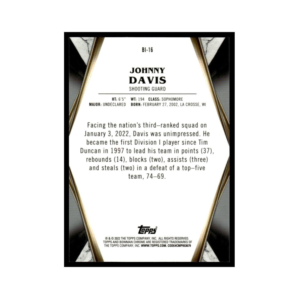 Johnny Davis 2022 Bowman Invicta #BI-16 Basketball Card NM