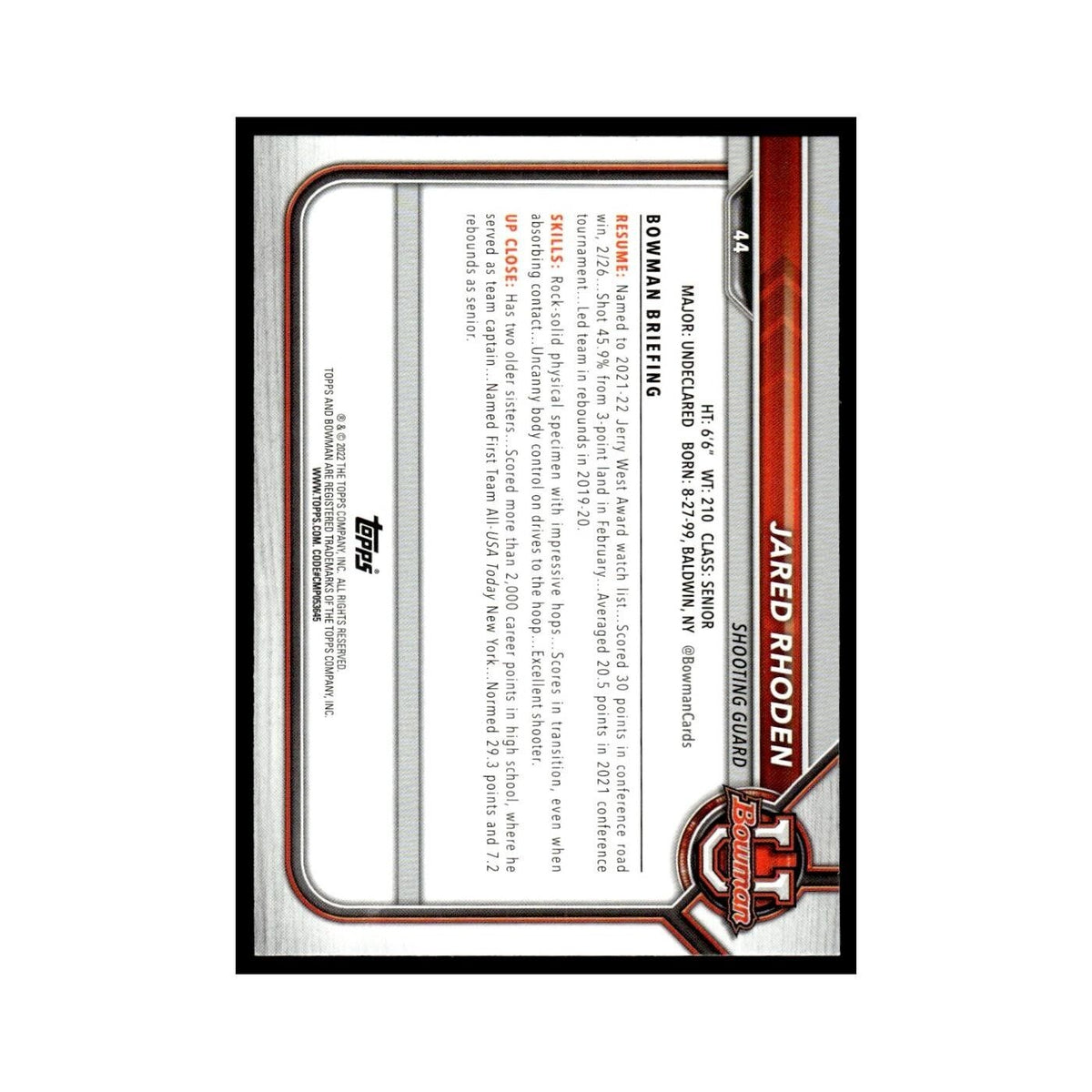 Jared Rhoden 2022 Bowman University #44 Basketball Card NM