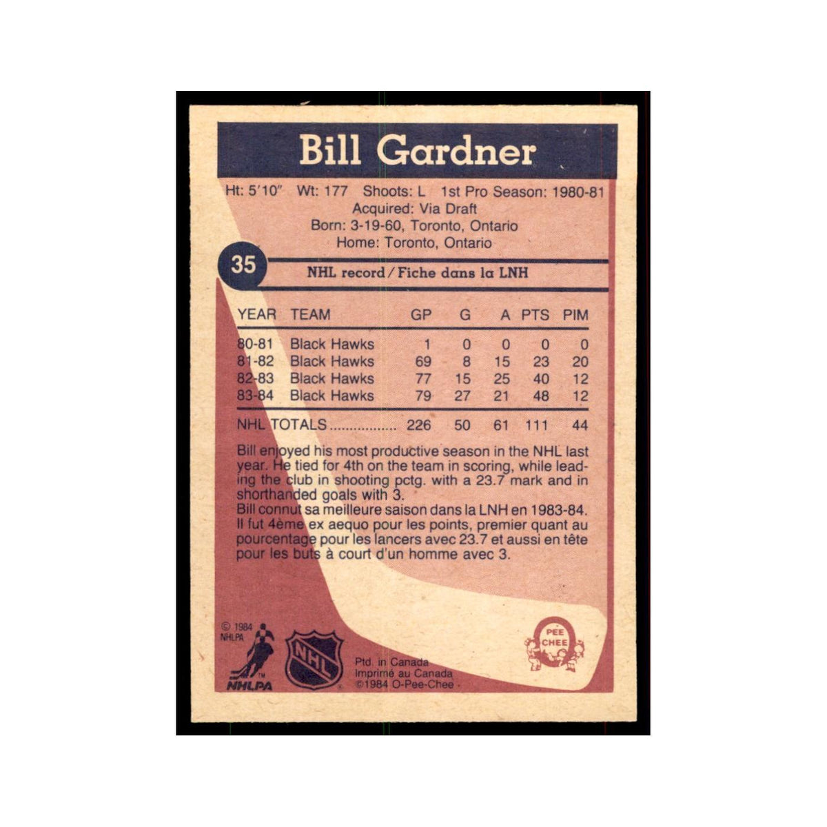 1984 O-Pee-Chee Bill Gardner Chicago Blackhawks #35
