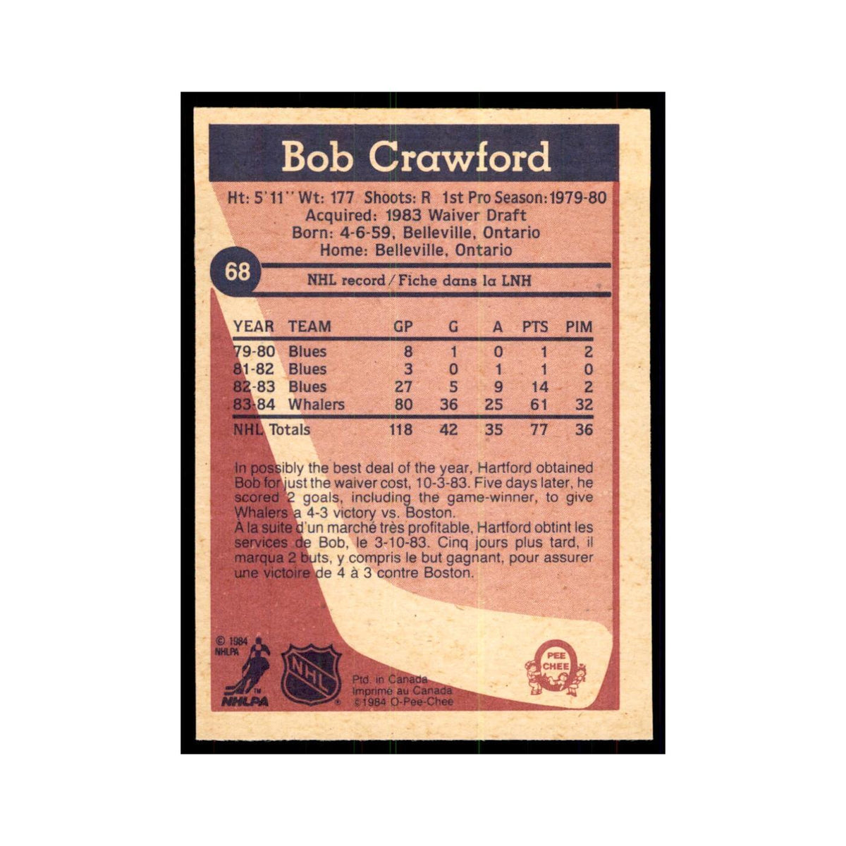 1984 O-Pee-Chee Bob Crawford RC Hartford Whalers #68