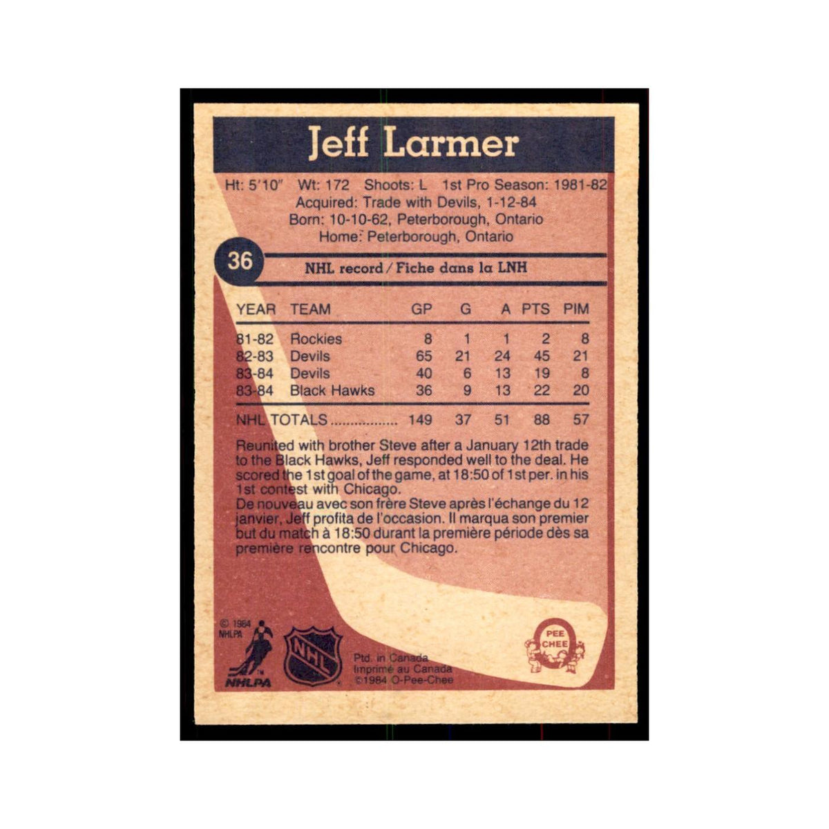 1984 O-Pee-Chee Jeff Larmer Chicago Blackhawks #36