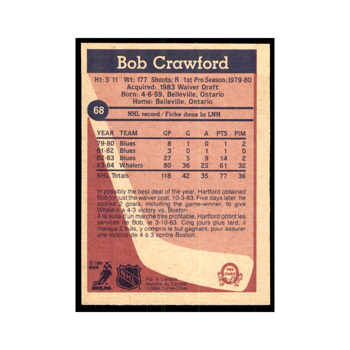 1984 O-Pee-Chee Bob Crawford RC Hartford Whalers #68