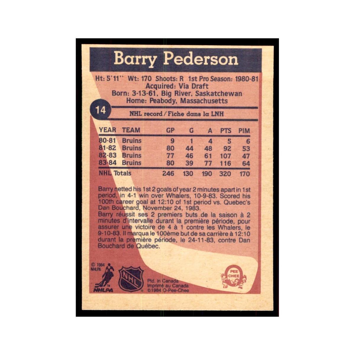 1984 O-Pee-Chee Barry Pederson Boston Bruins #14