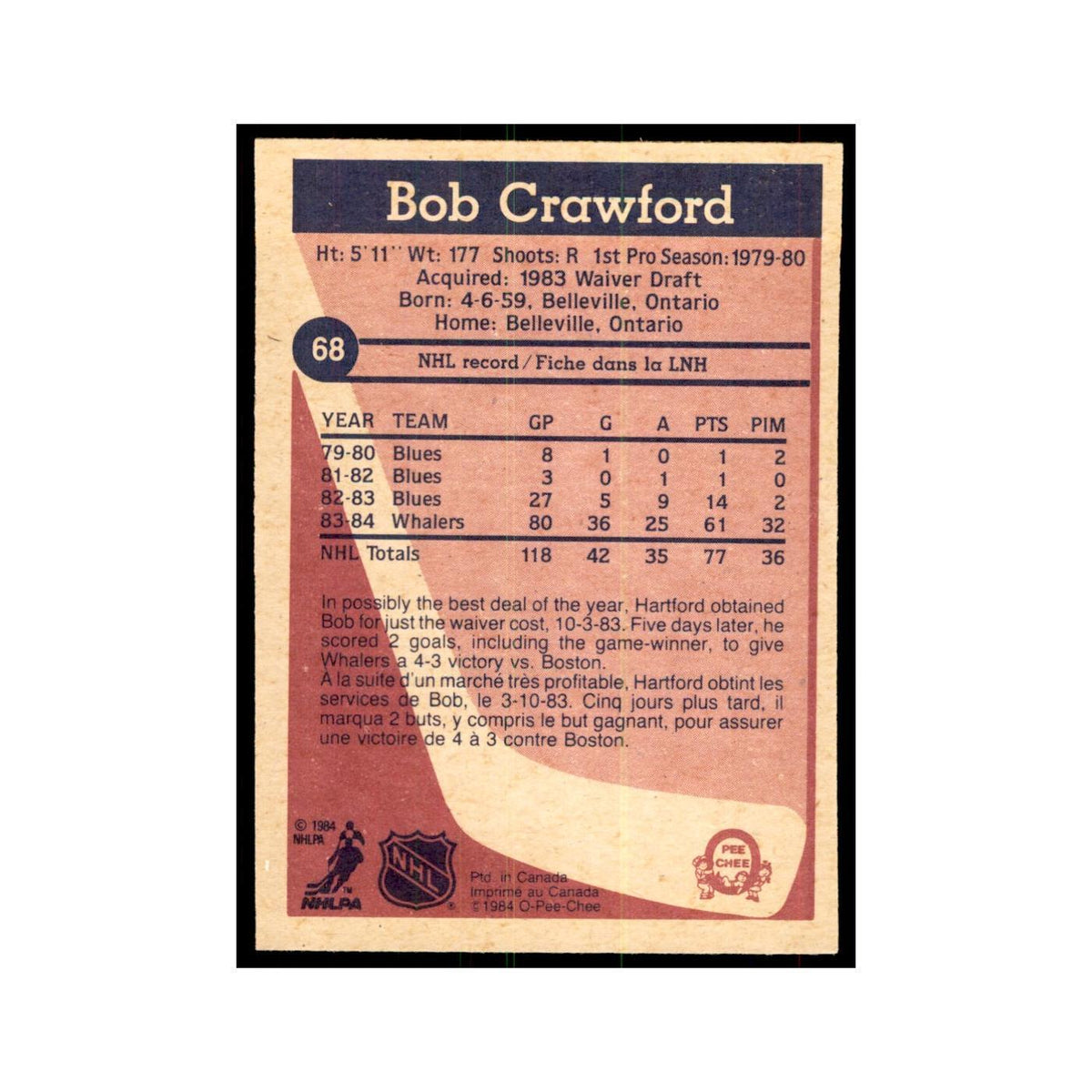 1984 O-Pee-Chee Bob Crawford RC Hartford Whalers #68