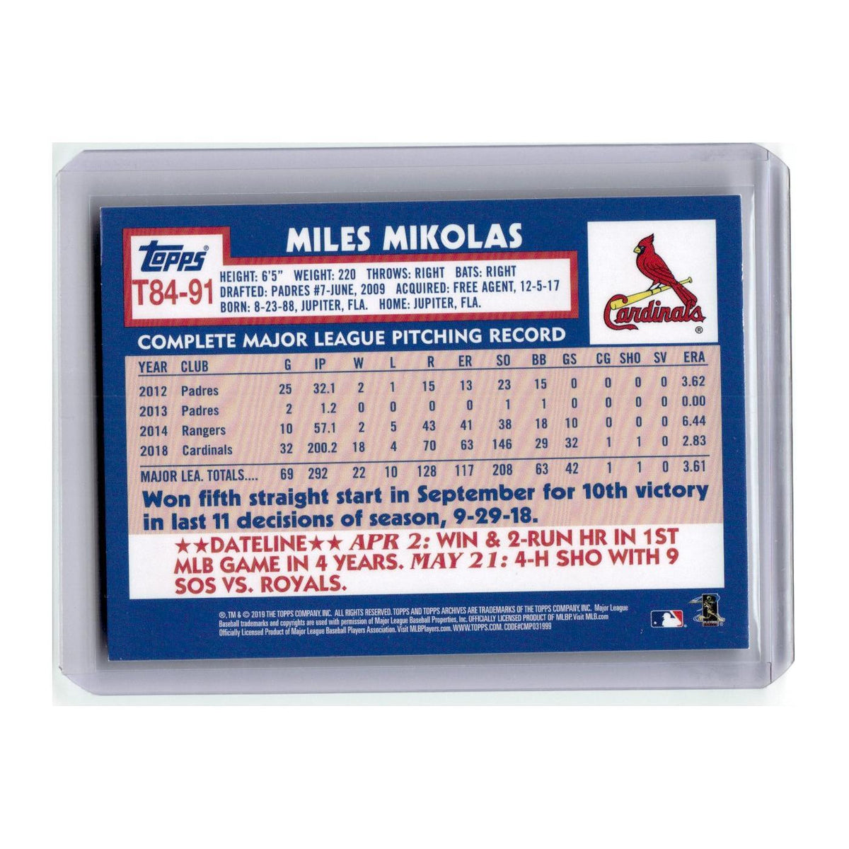 2019 Topps Miles Mikolas Cardinals #T84-91