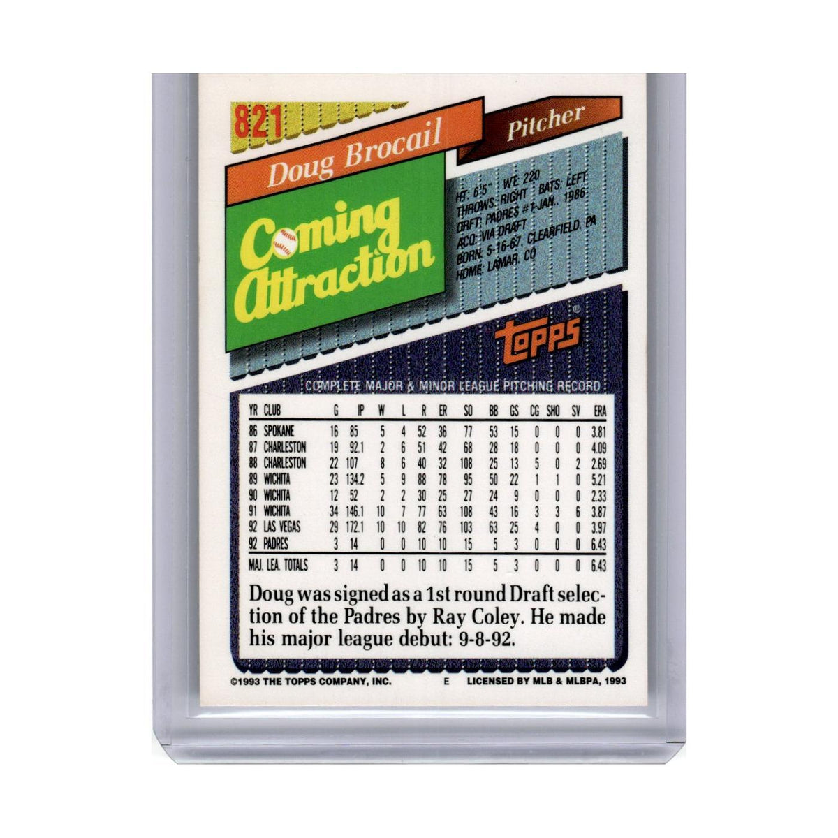 1993 Topps Doug Brocail RC Padres #821