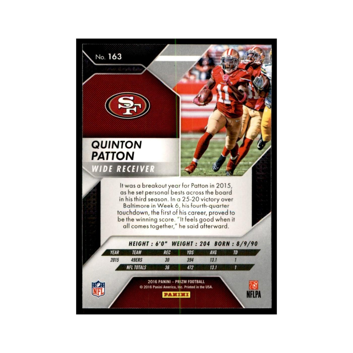 2016 Prizm Quinton Patton Football Cards #163
