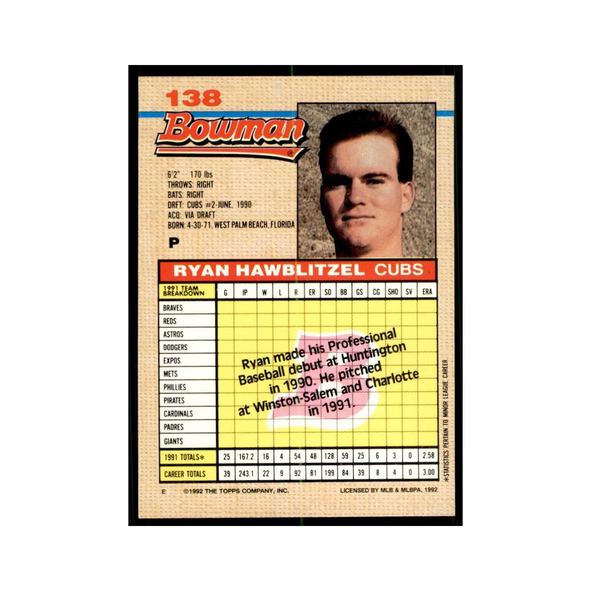 1992 Bowman Ryan Hawblitzel Baseball Cards #138