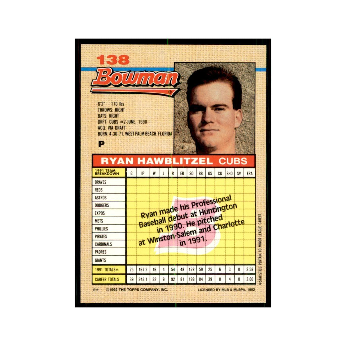 1992 Bowman Ryan Hawblitzel Baseball Cards #138