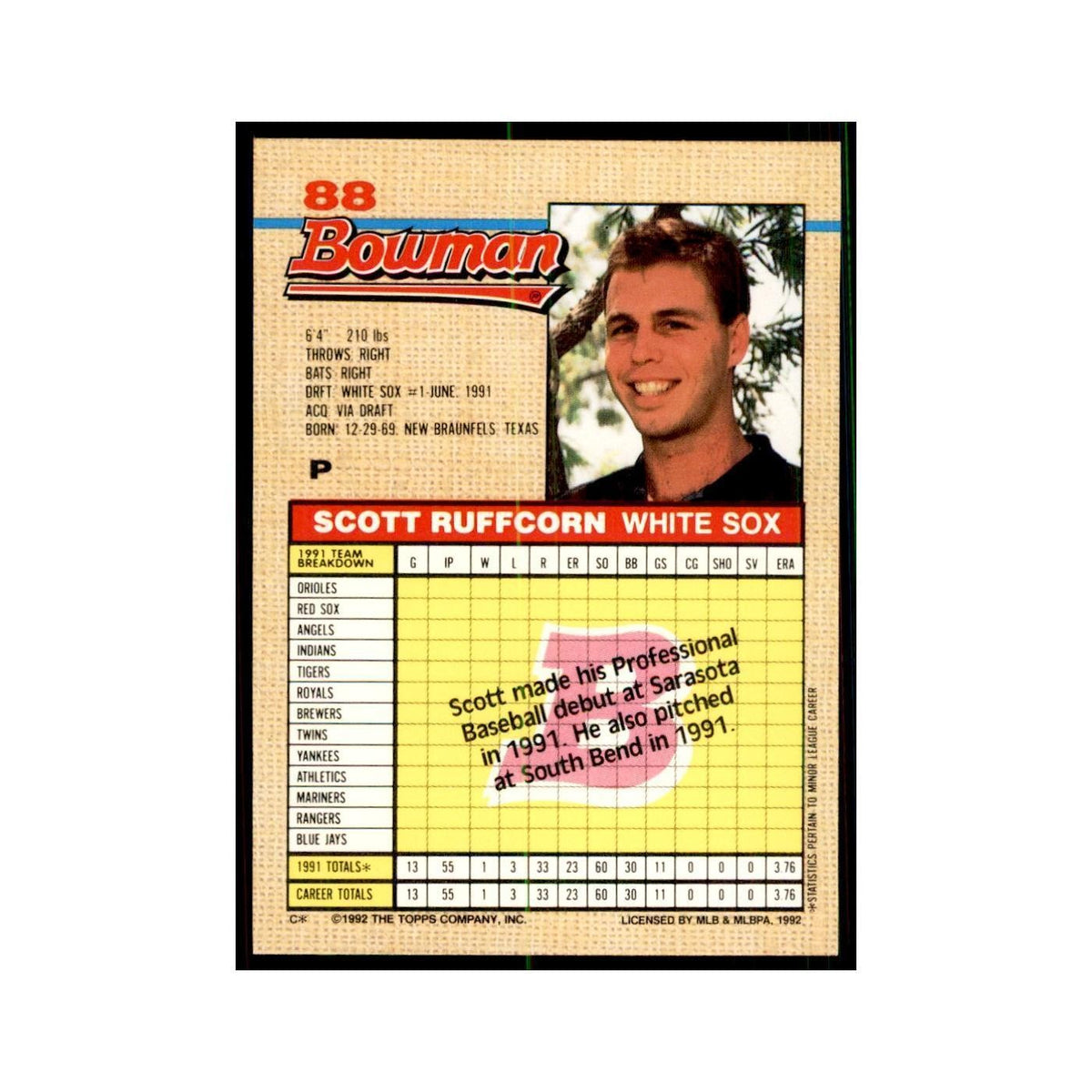 1992 Bowman Scott Ruffcorn Baseball Cards #88