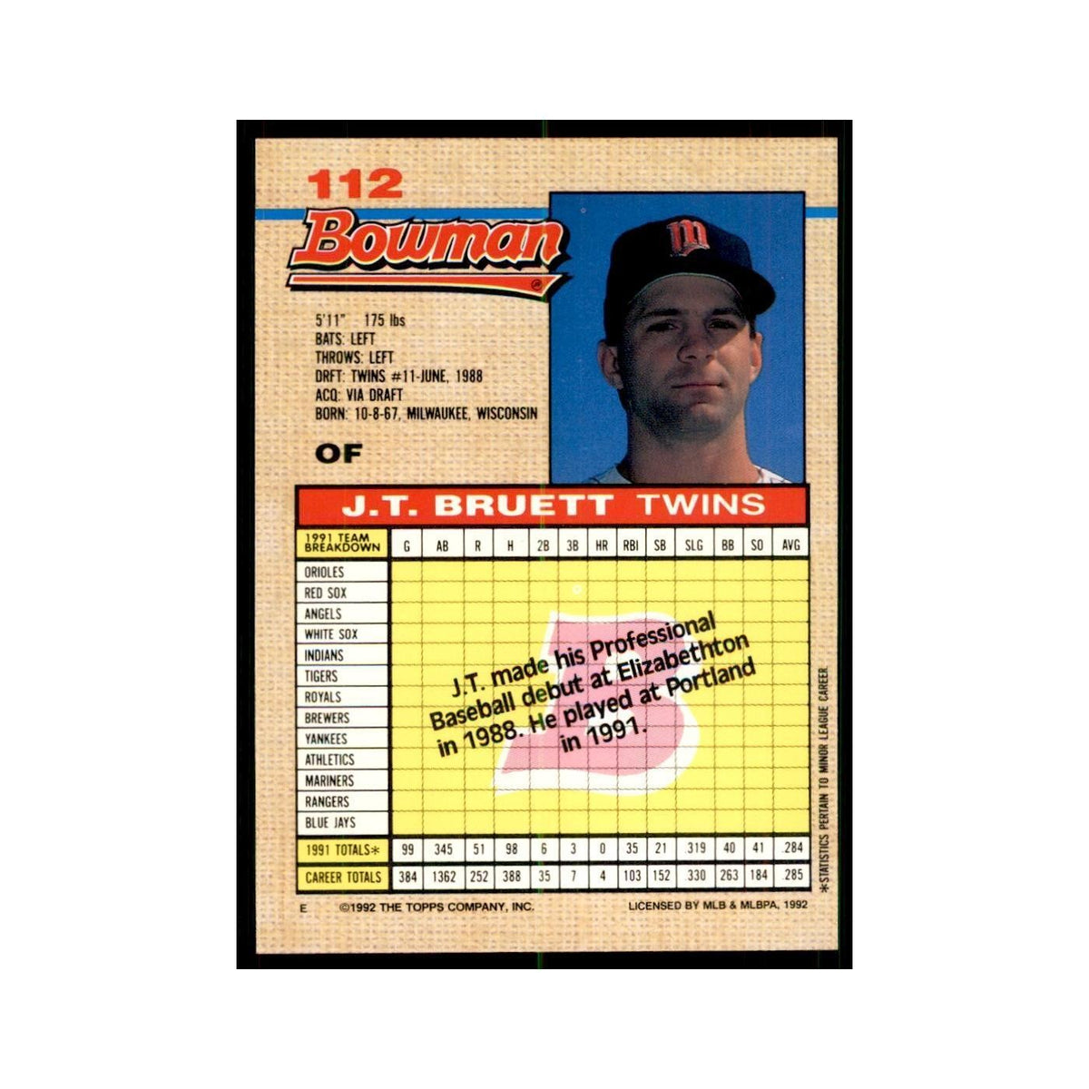 1992 Bowman J.T. Bruett Baseball Cards #112