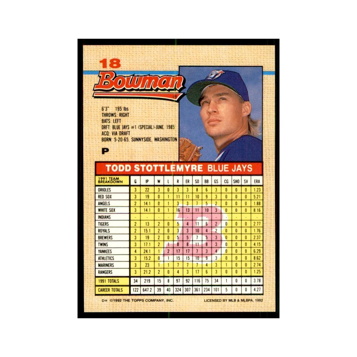 1992 Bowman Todd Stottlemyre Baseball Cards #18