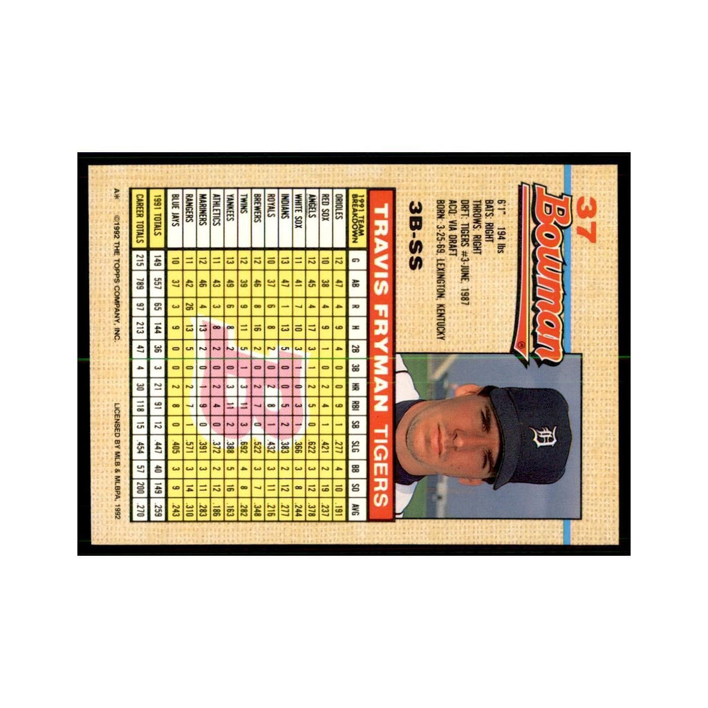 1992 Bowman Travis Fryman Baseball Cards #37