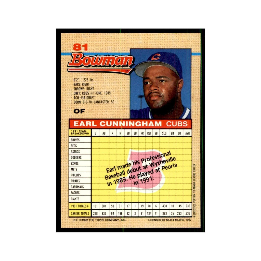 1992 Bowman Earl Cunningham Baseball Cards #81