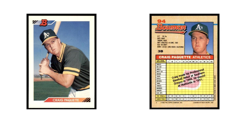 1992 Bowman Craig Paquette Baseball Cards #94