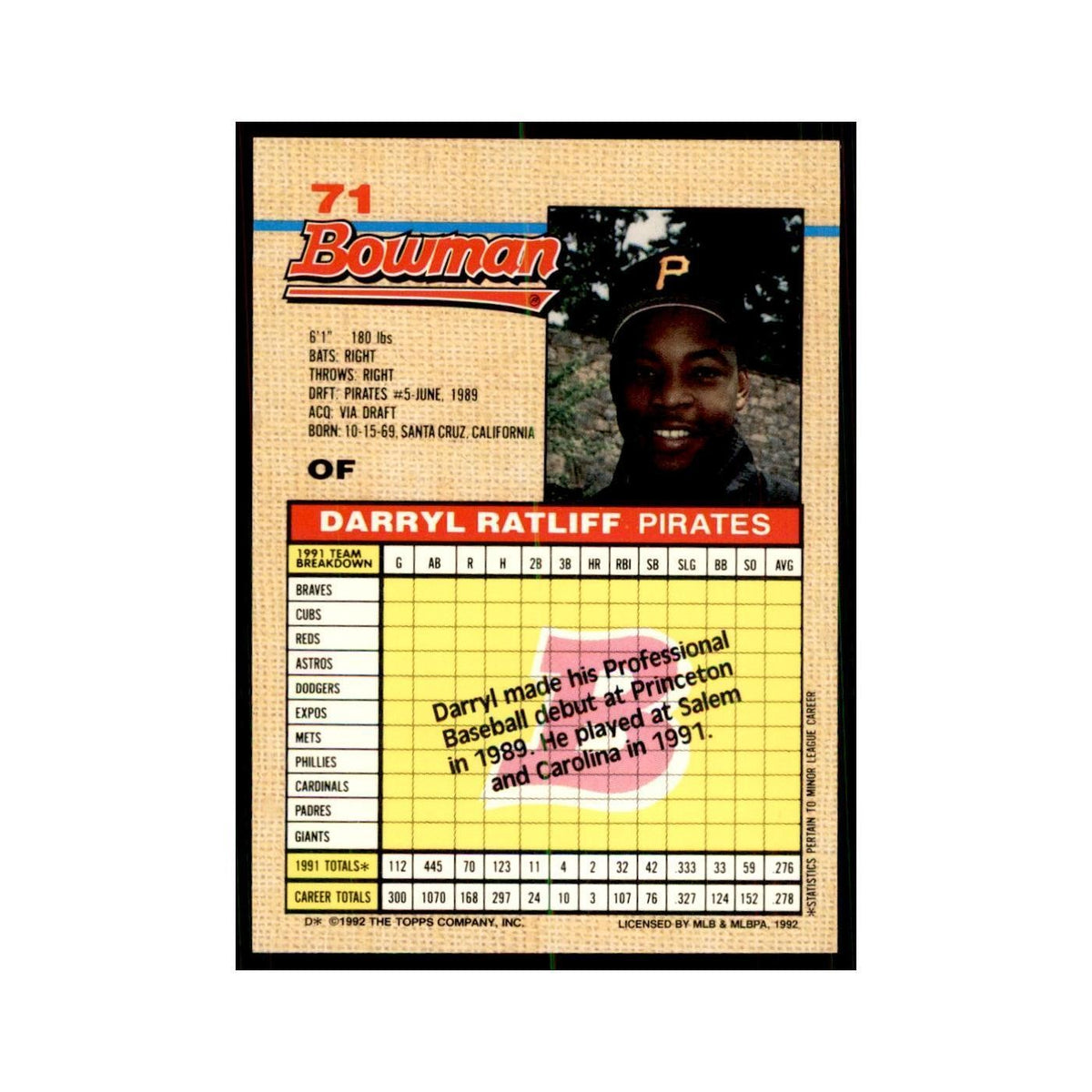 1992 Bowman Daryl Ratliff Baseball Cards #71