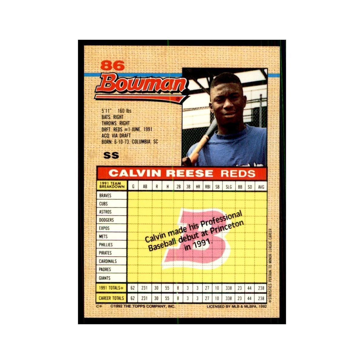 1992 Bowman Calvin Reese Baseball Cards #86